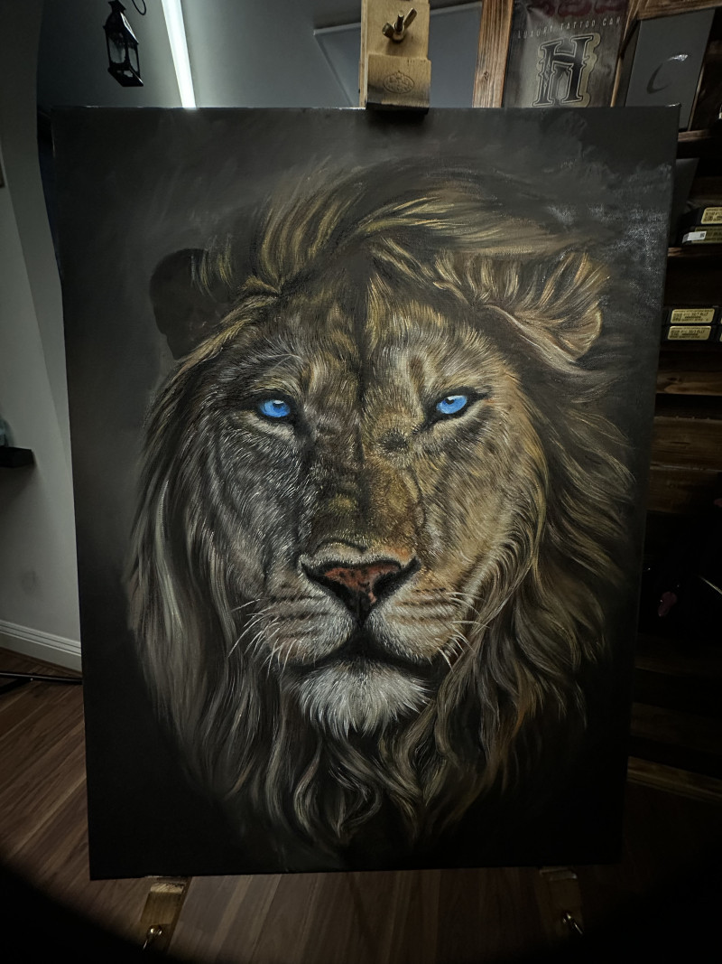 Realistic Lion Oil Painting by Esther – A2 Canvas Artwork | Unicorn Tattoo Art Collective, Ashford Surrey