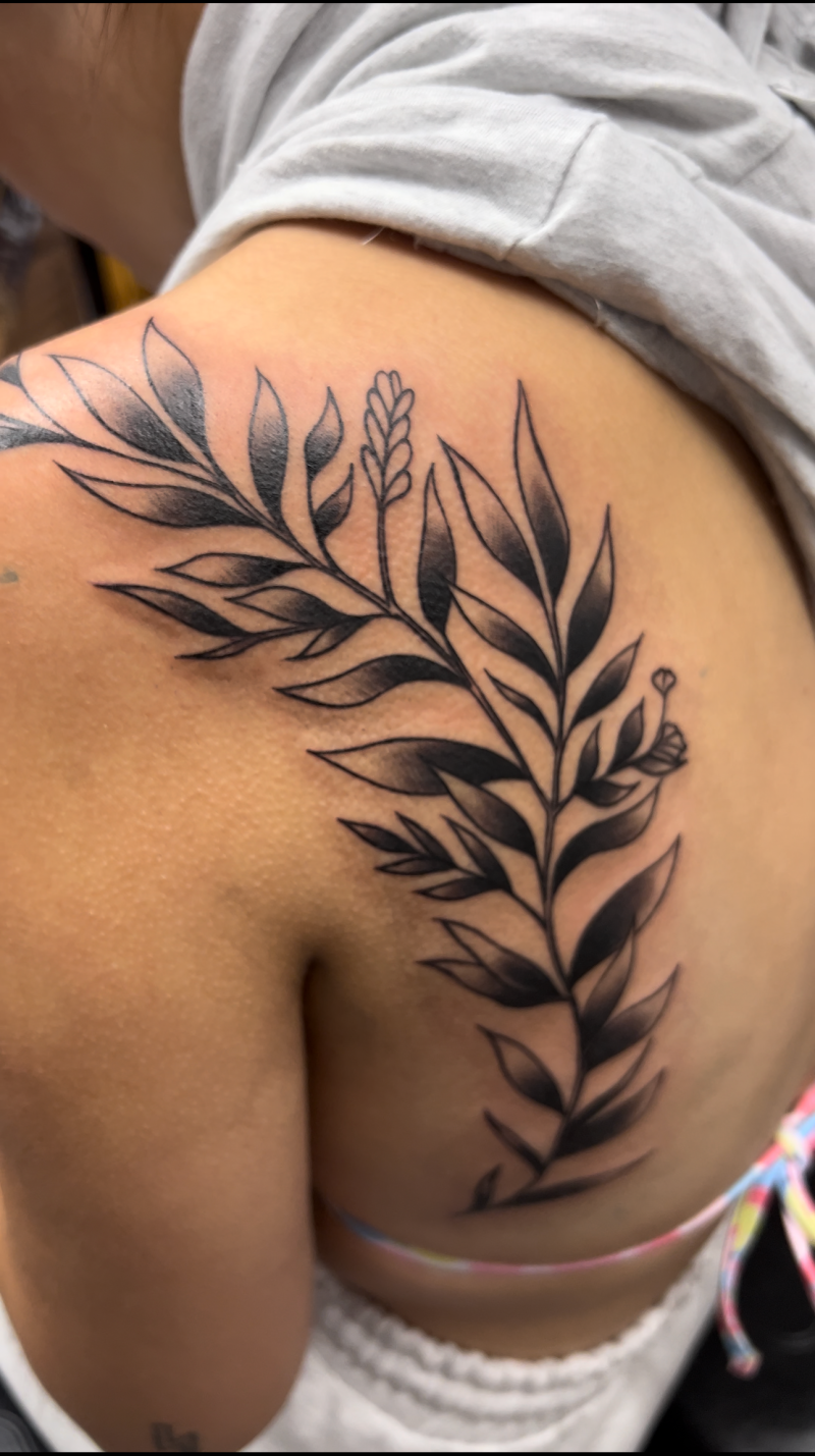 Botanical Floral Branch Shoulder Tattoo by Esther – Black & Grey | Unicorn Tattoo Art Collective, Ashford Surrey