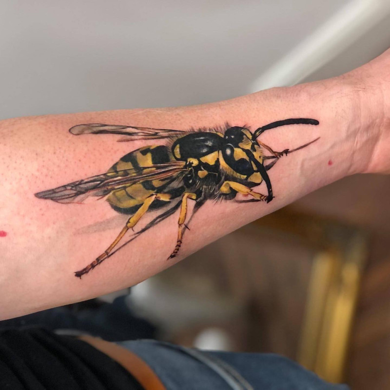 Photorealistic Wasp Forearm Tattoo by Esther – Colour Realism | Unicorn Tattoo Art Collective, Ashford Surrey