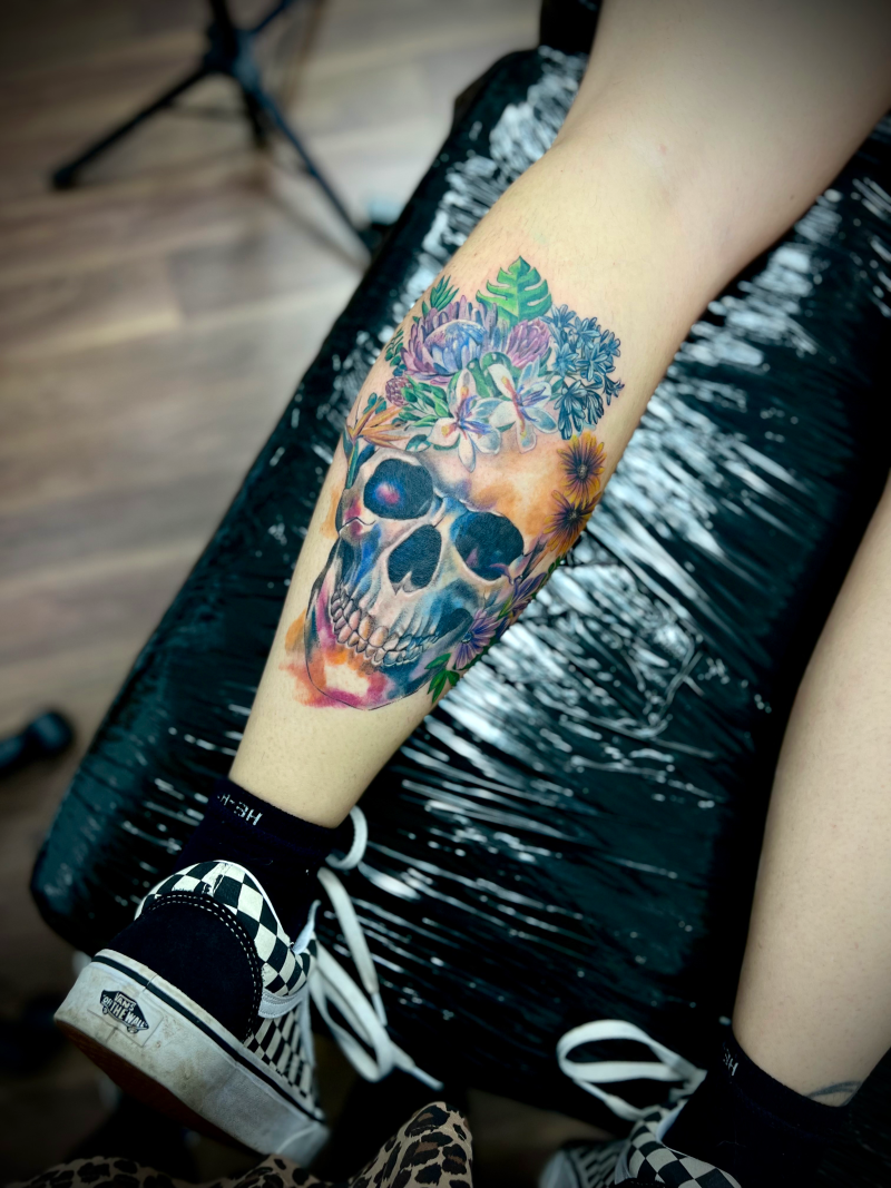 Floral Skull Calf Tattoo by Esther – Colour Realism | Unicorn Tattoo Art Collective, Ashford Surrey