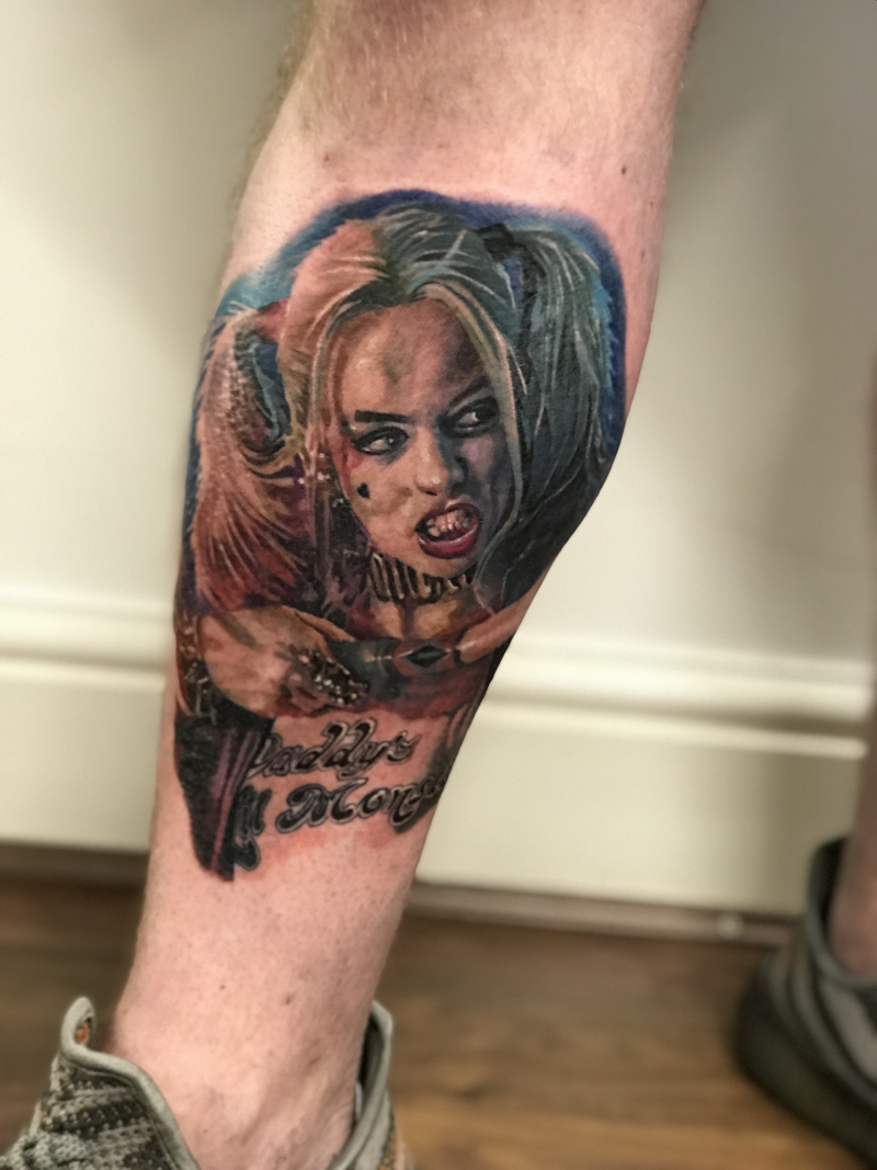 Harley Quinn Colour Realism Calf Tattoo by Esther | Unicorn Tattoo Art Collective, Ashford Surrey
