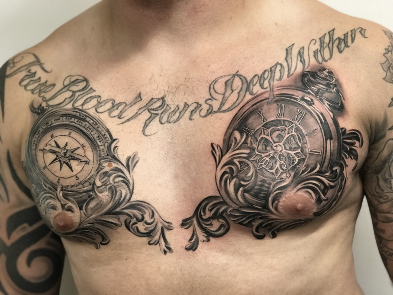 Compass and Pocket Watch Chest Tattoo by Esther – Black & Grey | Unicorn Tattoo Art Collective, Ashford Surrey