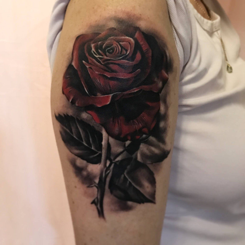 Realistic Red Rose Cover Up Tattoo by Esther | Unicorn Tattoo Art Collective Ashford