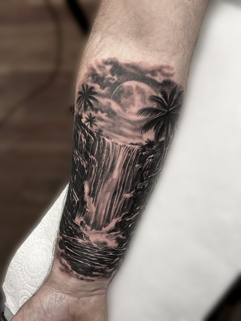 Black and Grey Waterfall Forearm Tattoo – Unicorn Tattoo Art Collective Ashford Surrey