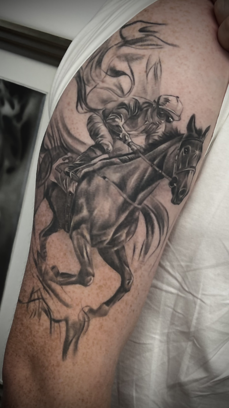 Realistic Horse and Jockey Tattoo by Esther – Healed Black and Grey Ashford Surrey