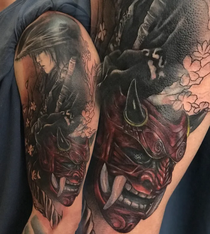 Colour Japanese samurai and red Oni demon mask cover up sleeve tattoo with cherry blossom by Esther, Unicorn Tattoo Art Collective, Ashford Surrey