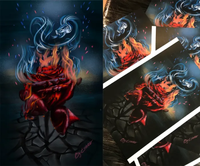 Digital art print of burning rose with fire and smoke unicorn by Esther, available as wall art print and custom tattoo design, Unicorn Tattoo Art Collective, Ashford Surrey