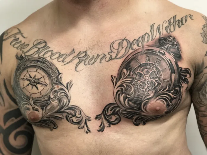 Black and grey compass and pocket watch chest tattoo with script lettering and baroque scrollwork by Esther, Unicorn Tattoo Art Collective, Ashford Surrey
