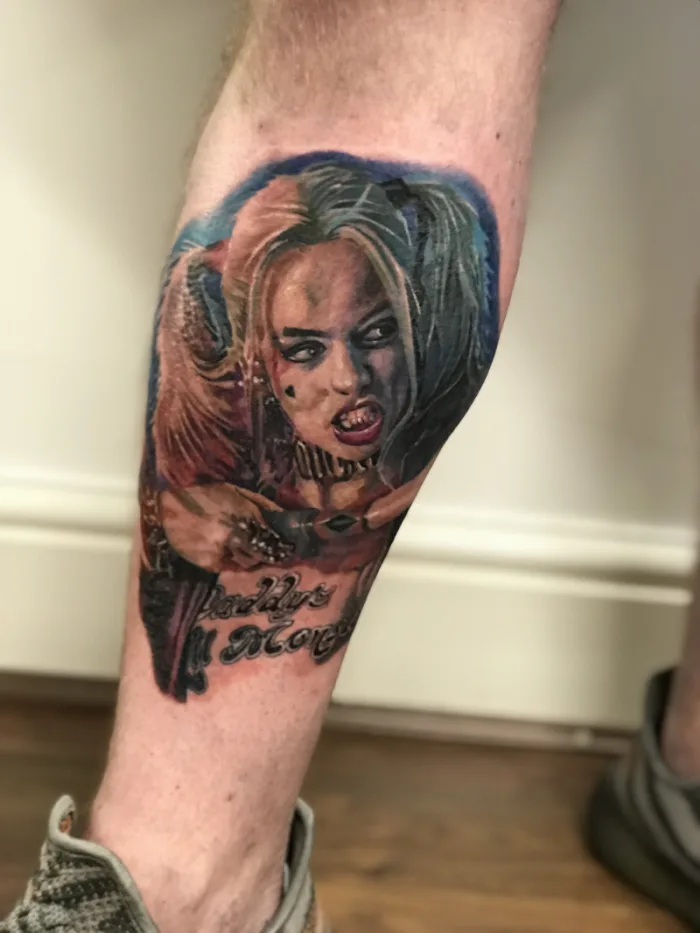 Colour realism Harley Quinn by Esther, Unicorn Tattoo Art Collective, Ashford Surrey