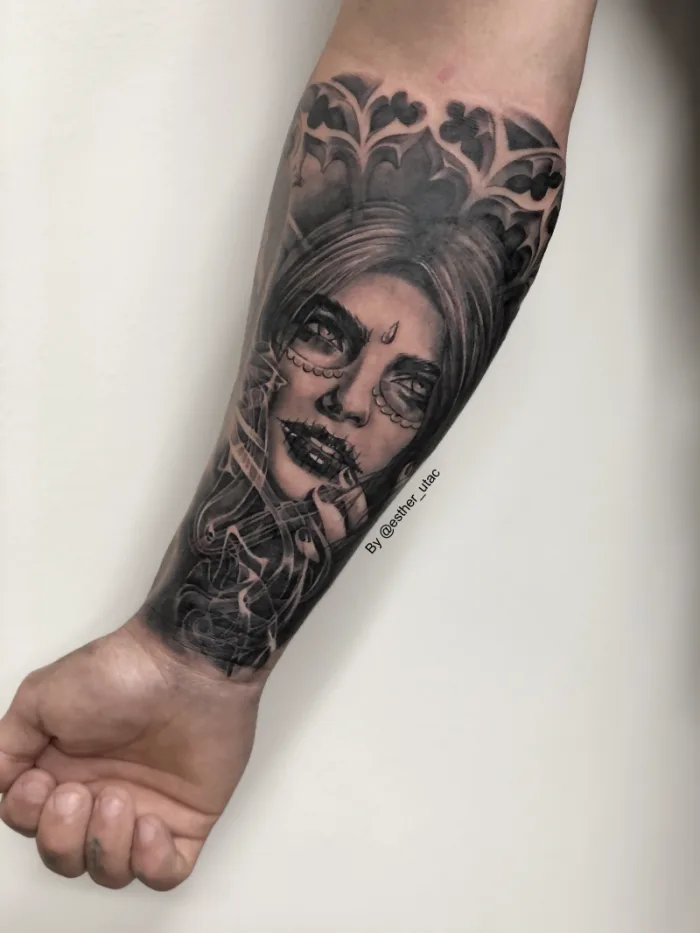 Black and grey dark gothic female portrait forearm sleeve tattoo by Esther, Unicorn Tattoo Art Collective, Ashford Surrey