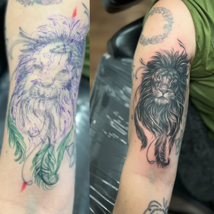 Black and grey realistic lion upper arm tattoo rework before and after stencil to finished result by Esther, Unicorn Tattoo Art Collective, Ashford Surrey