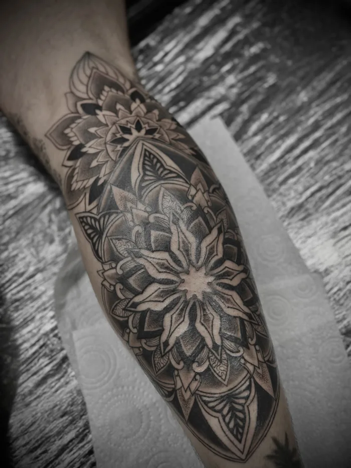 Custom mandala leg tattoo black and grey dotwork Unicorn Tattoo Art Collective Ashford,Surrey