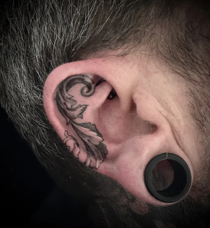 Filigree Fine Line Ear Tattoo Black and Grey Custom Design Unicorn Tattoo Art Collective Ashford Surrey