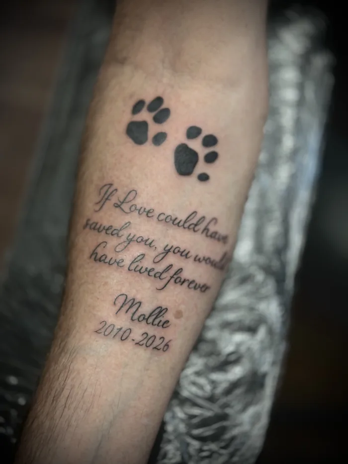 Memorial Paw Print Tattoo Fine Line Script Lettering Unicorn Tattoo Art Collective Ashford Surrey