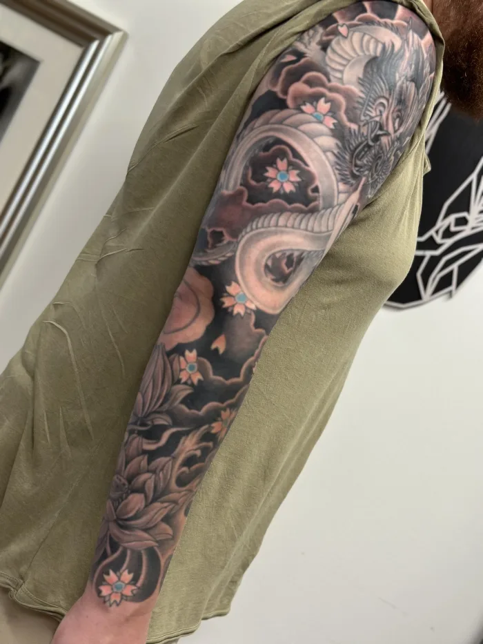 Ongoing sleeve rework tattoo by Esther at Unicorn Tattoo Art Collective in Ashford, Surrey