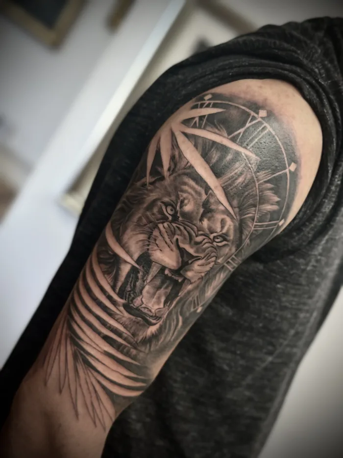 Black and grey lion realism full sleeve tattoo in progress by Esther in Ashford, Surrey