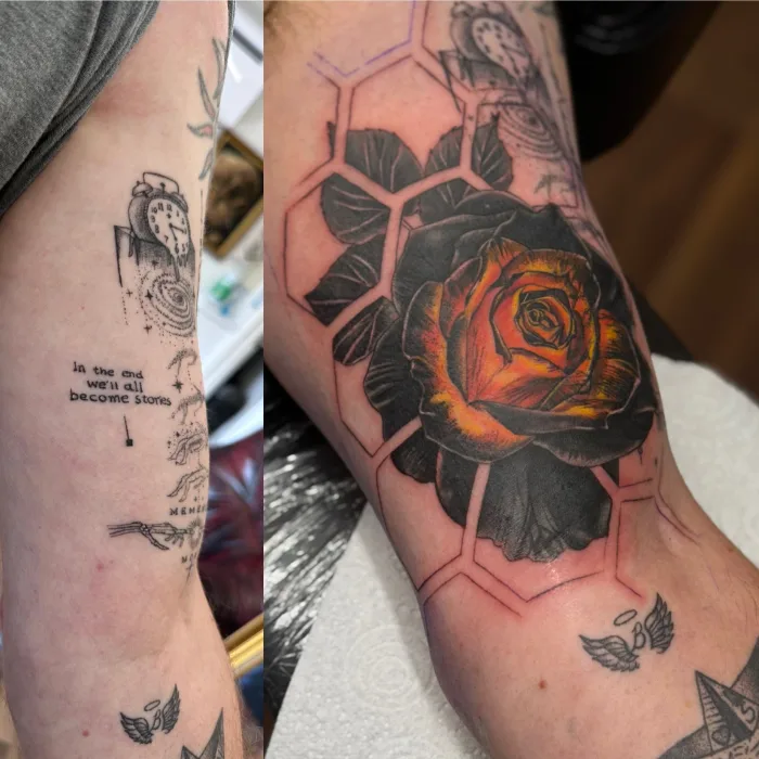 Before and after the first session of an upper arm cover-up tattoo with a black and orange rose by Esther in Ashford, Surrey