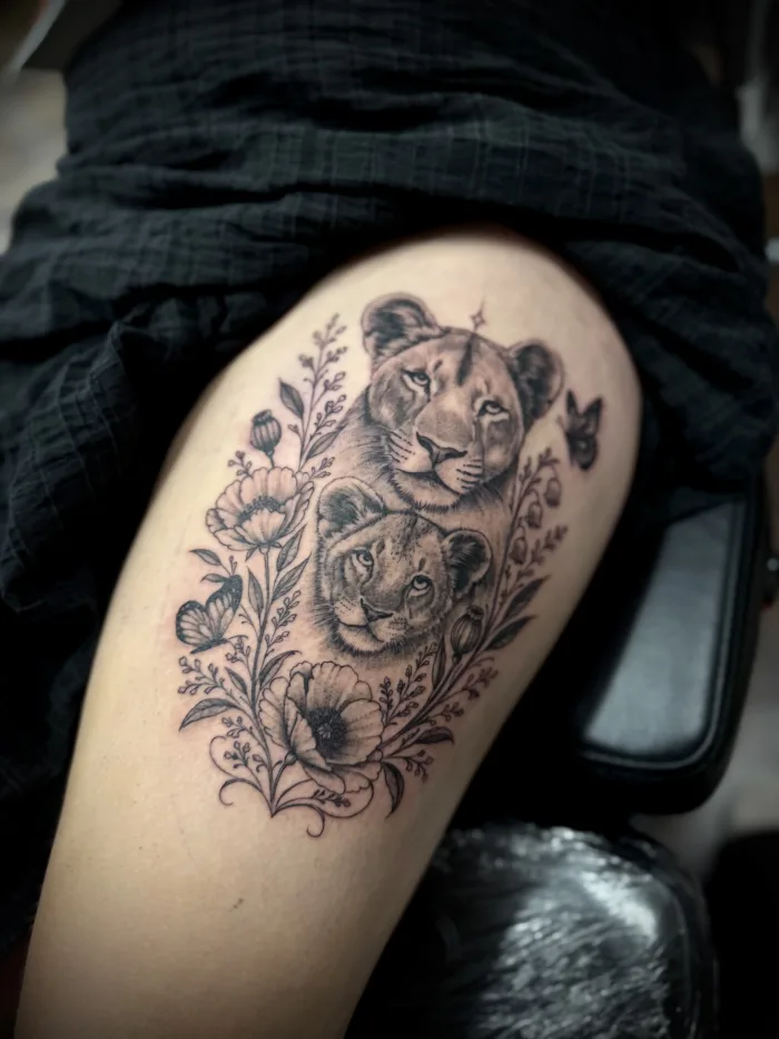 Realistic black and grey lioness and cub tattoo with flowers in progress by Esther in Ashford, Surrey