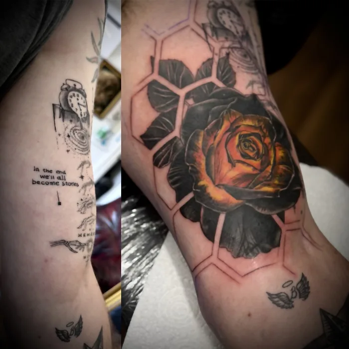 Before and after progress photo of a colour rose cover-up tattoo by Esther in Ashford, Surrey